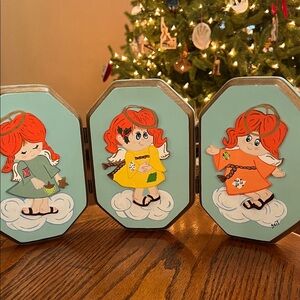 Vintage Handcrafted Three Hinged Hand Painted Wooden Angel Tabletop Decor-EUC